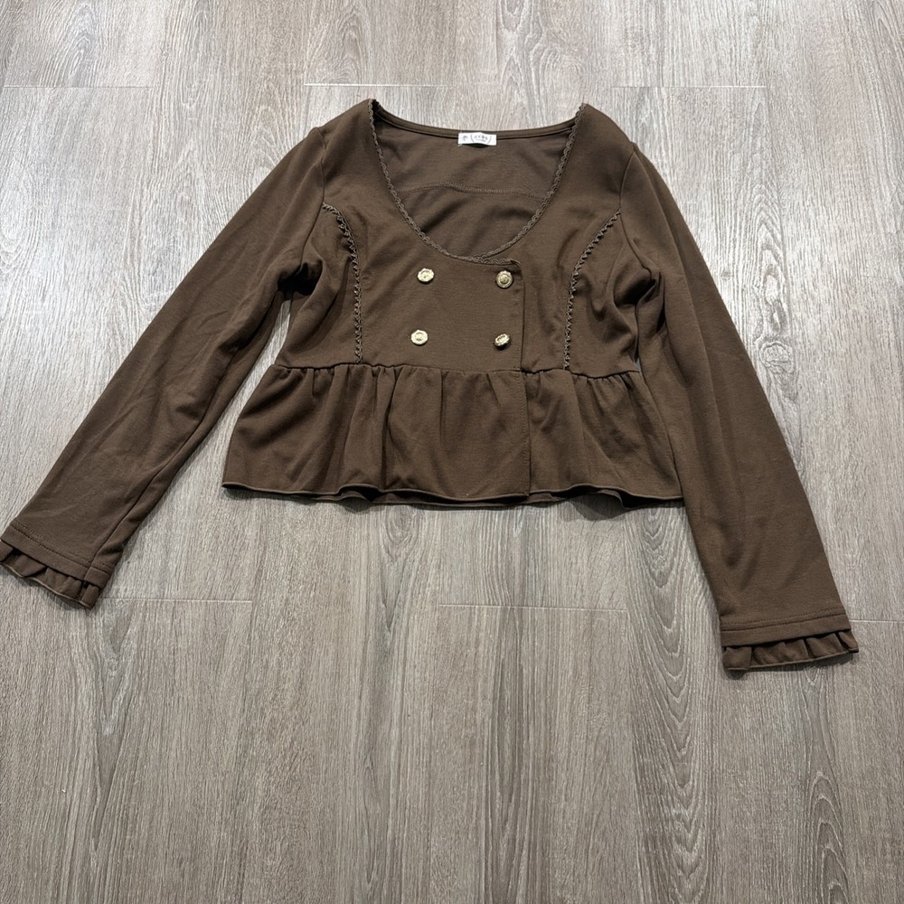 Axes Femme Brown Long Sleeve Top With Gold Buttons Crocheted Trim Ruffles Medium